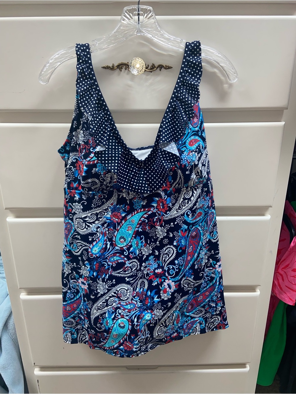 NWT Kim rogers swimsuit dress one piece xl ruffle polka dots navy